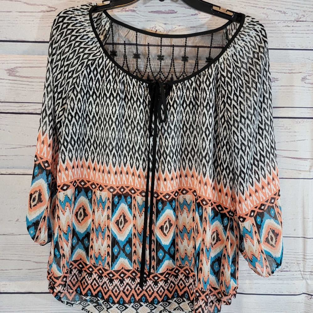 Sheer Southwestern print "mine" M Top